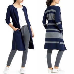 Athleta Reversible Explore Navy & Gray Striped Long Open Cardigan Sweater XL